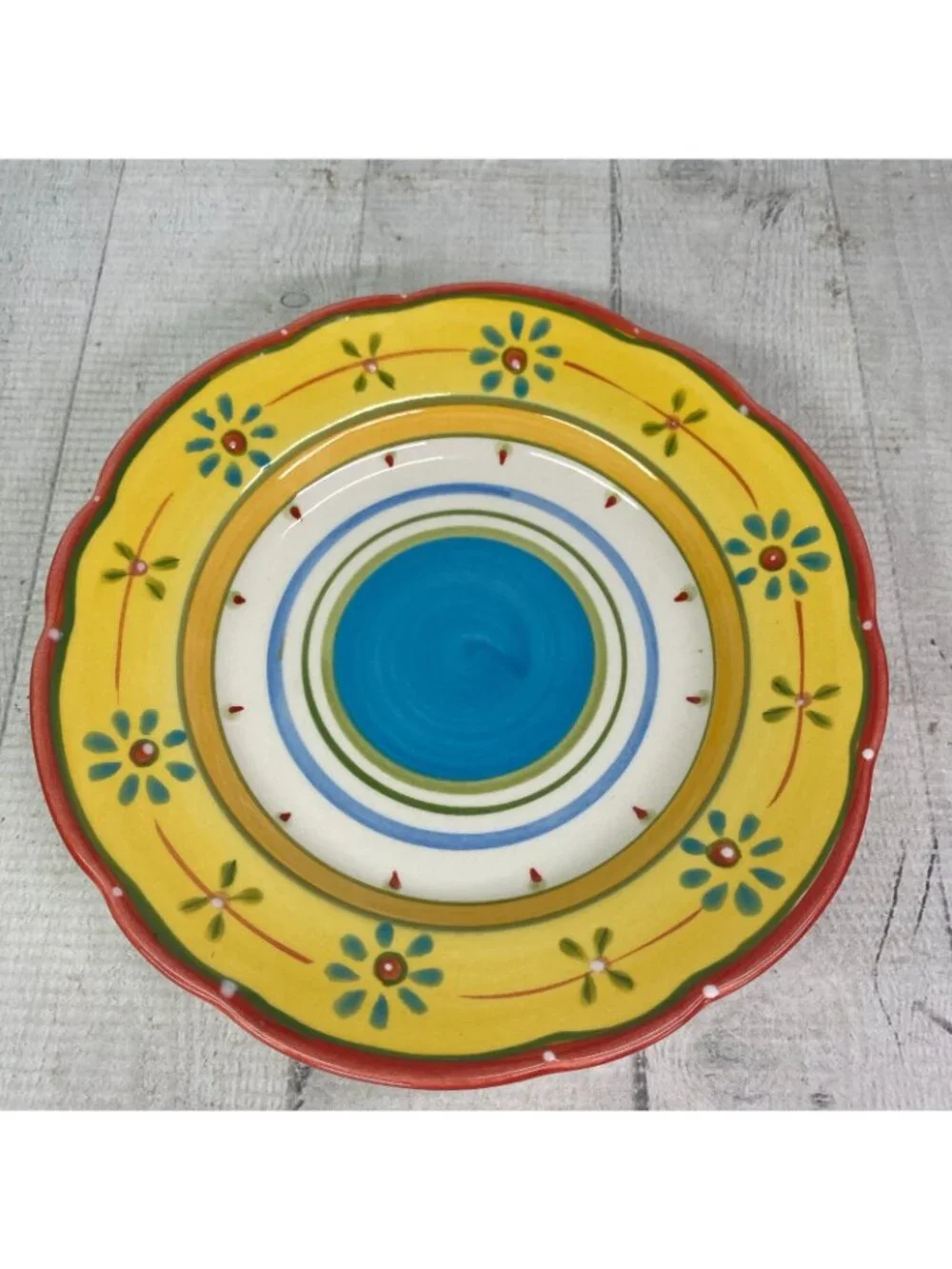 Culinary Arts PETIT JARDIN Yellow Blue Flower Scallop Ceramic Salad Plate Set 4